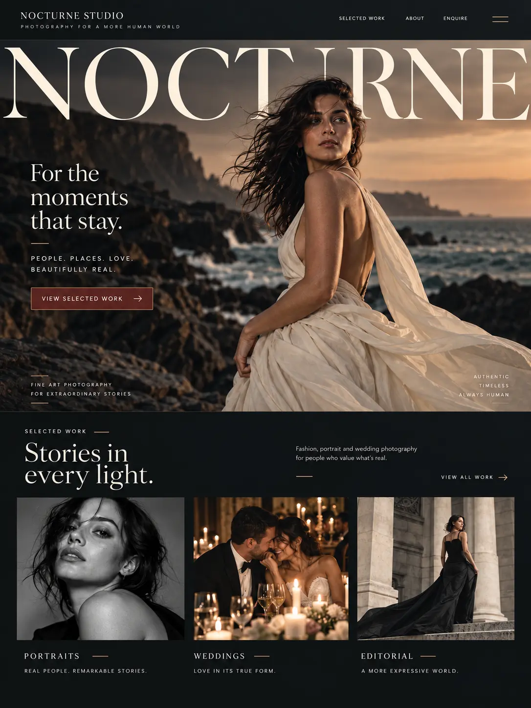 Nocturne Studio photography website concept with coastal portrait, wedding and editorial galleries.