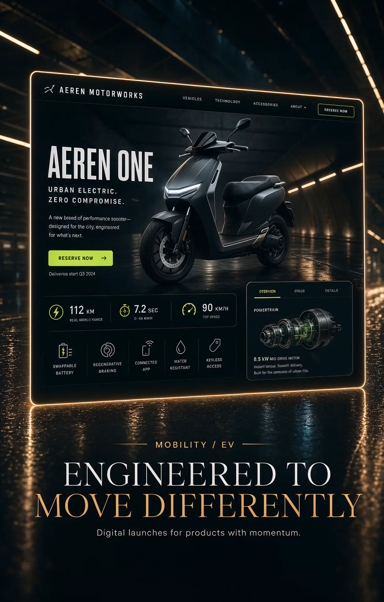 Web design concept for Aeren Motorworks, an electric scooter launch page with a product hero image, reserve now button, performance stats and powertrain detail panel