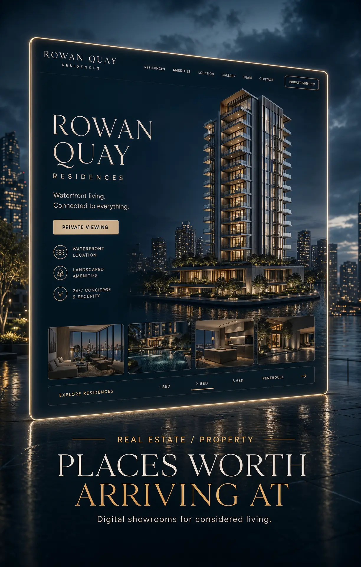 Web design concept for Rowan Quay Residences, a waterfront property site with an illuminated tower hero render, private viewing button and residence gallery
