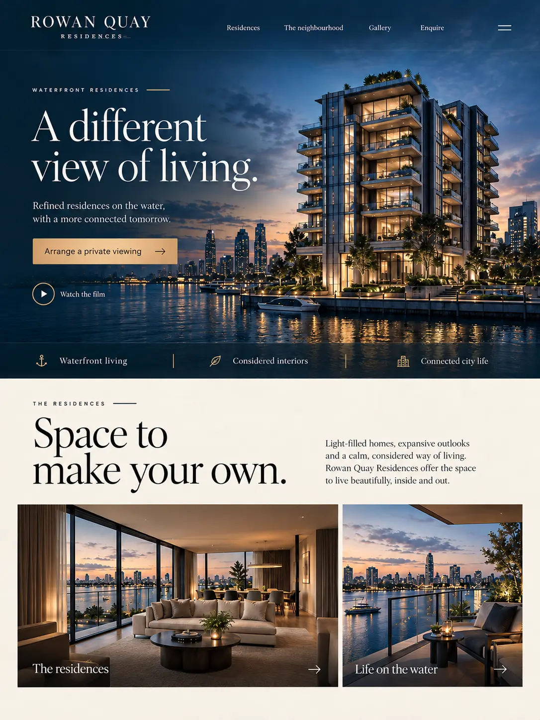 Rowan Quay waterfront residences website concept with city views, interiors and a private viewing call to action.