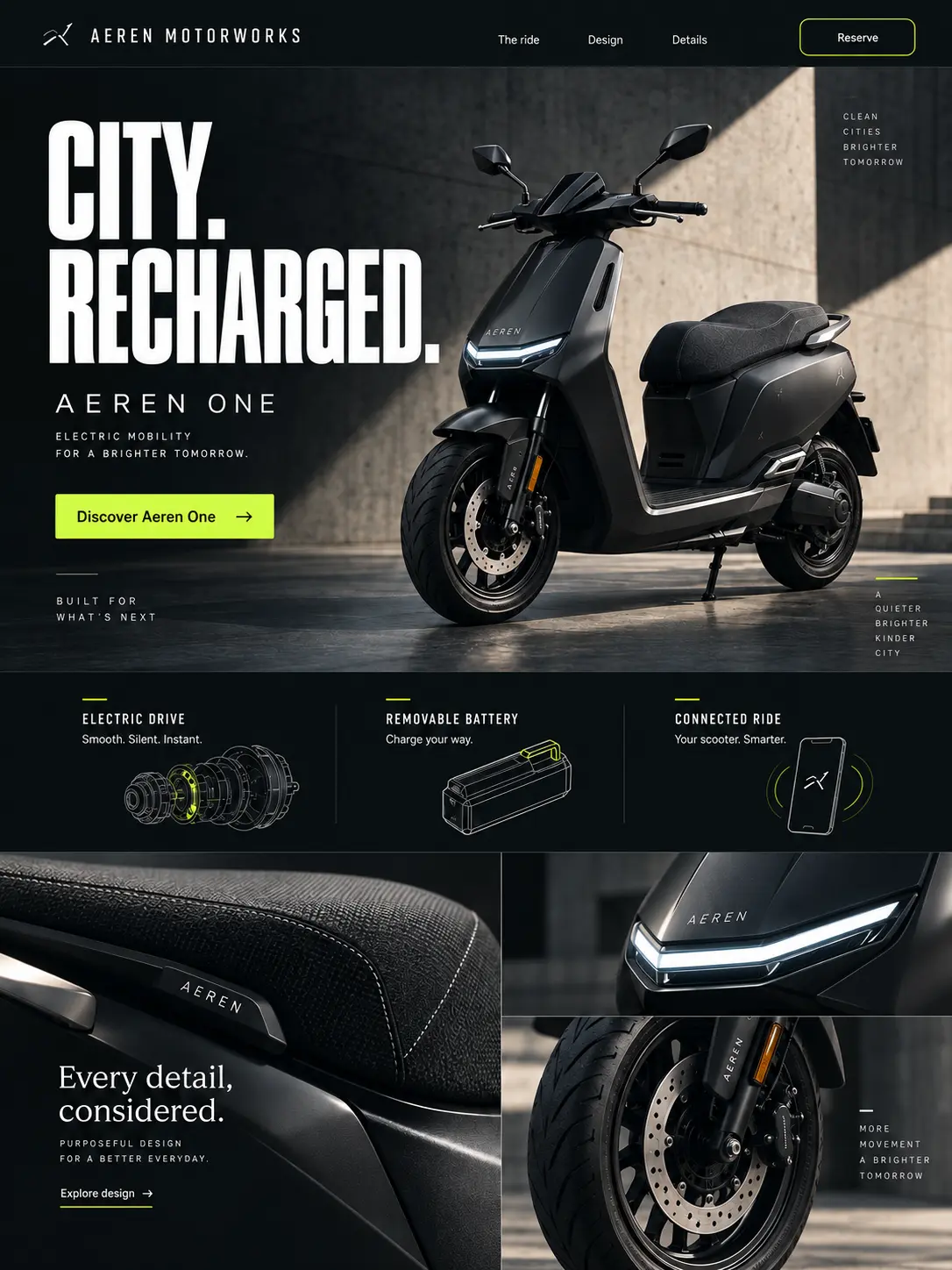 Aeren Motorworks electric scooter website concept with product details, battery features and reservation call to action.