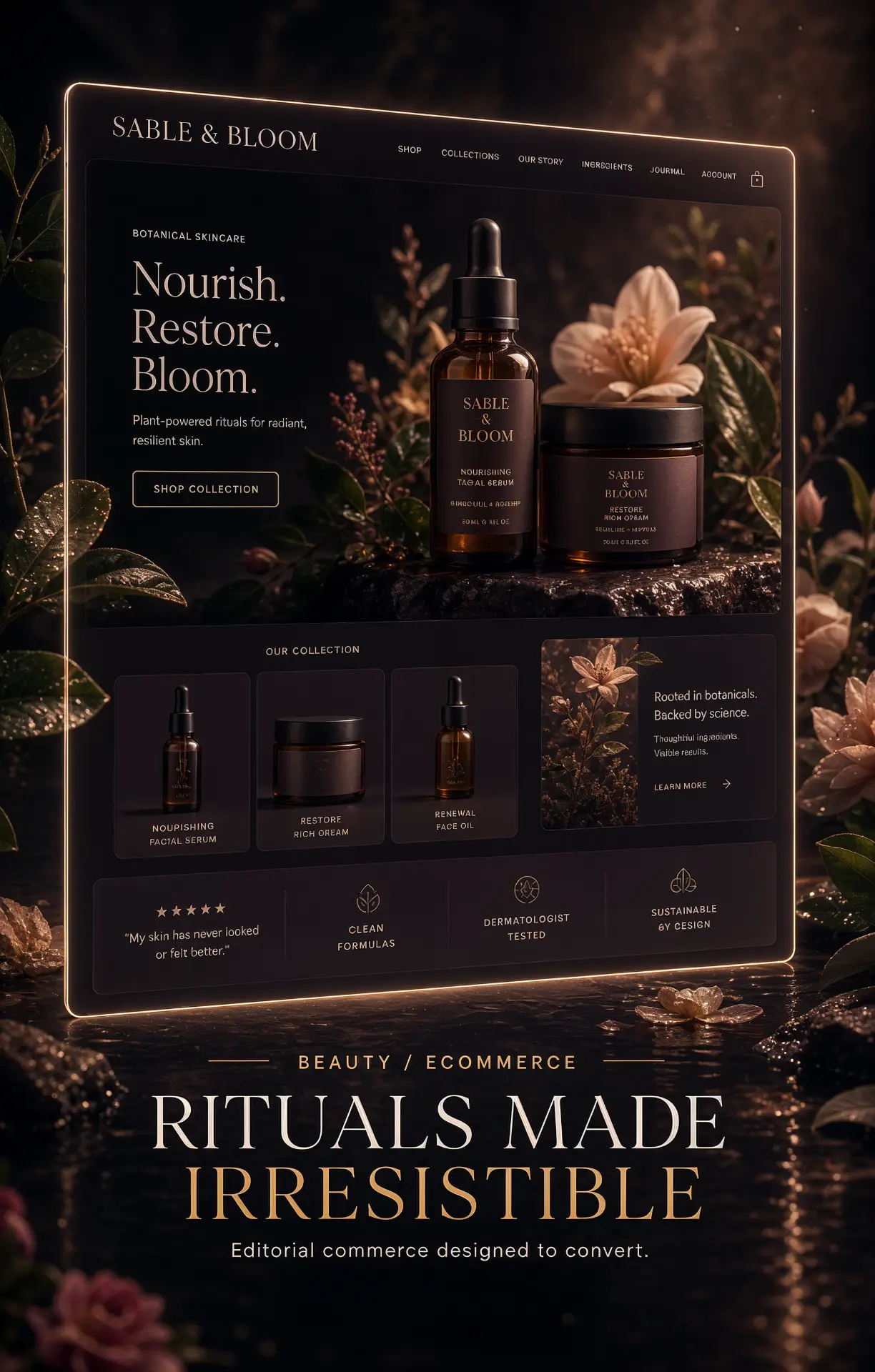 Web design concept for Sable and Bloom, a botanical skincare store with amber serum bottles among flowers, a shop collection button and product grid