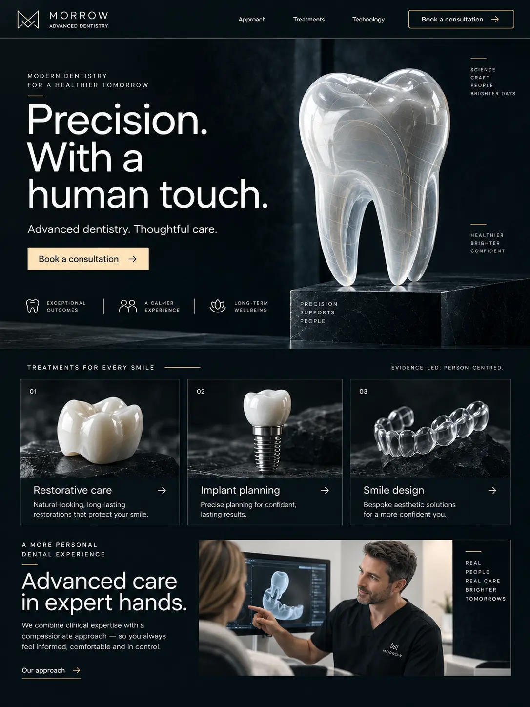 Morrow Dentistry website concept with a transparent tooth model, treatment cards and consultation call to action.
