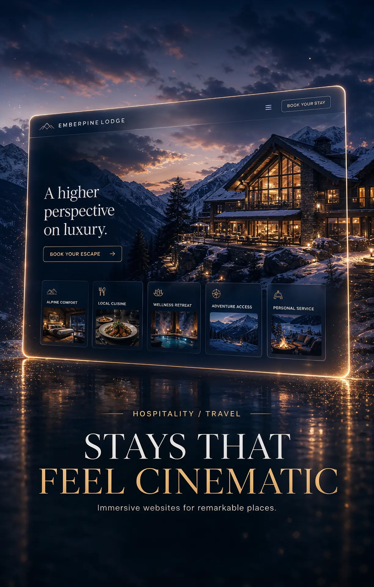 Web design concept for Emberpine Lodge, an alpine hotel site with a twilight mountain lodge hero image, a book your escape button and a row of experience cards