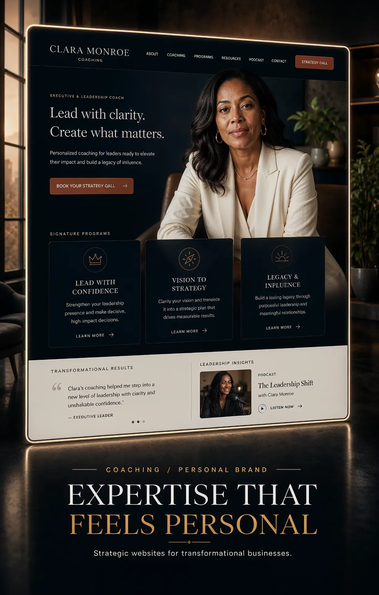 Web design concept for Clara Monroe Coaching, a leadership coaching site with a founder portrait hero, book your strategy call button, programme cards and testimonial