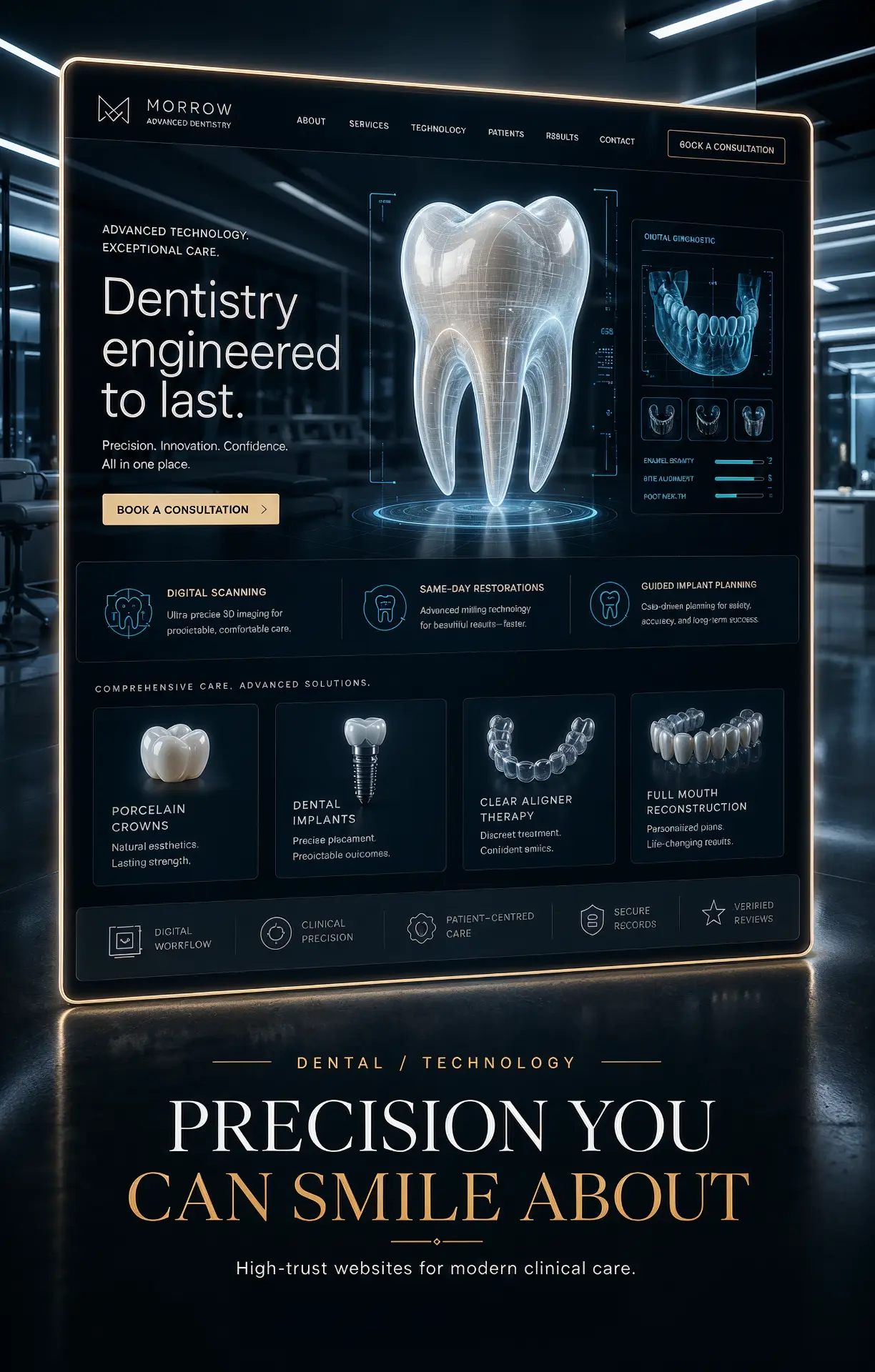 Web design concept for Morrow Advanced Dentistry, a dark clinical site with a 3D tooth scan visual, book a consultation button and treatment cards