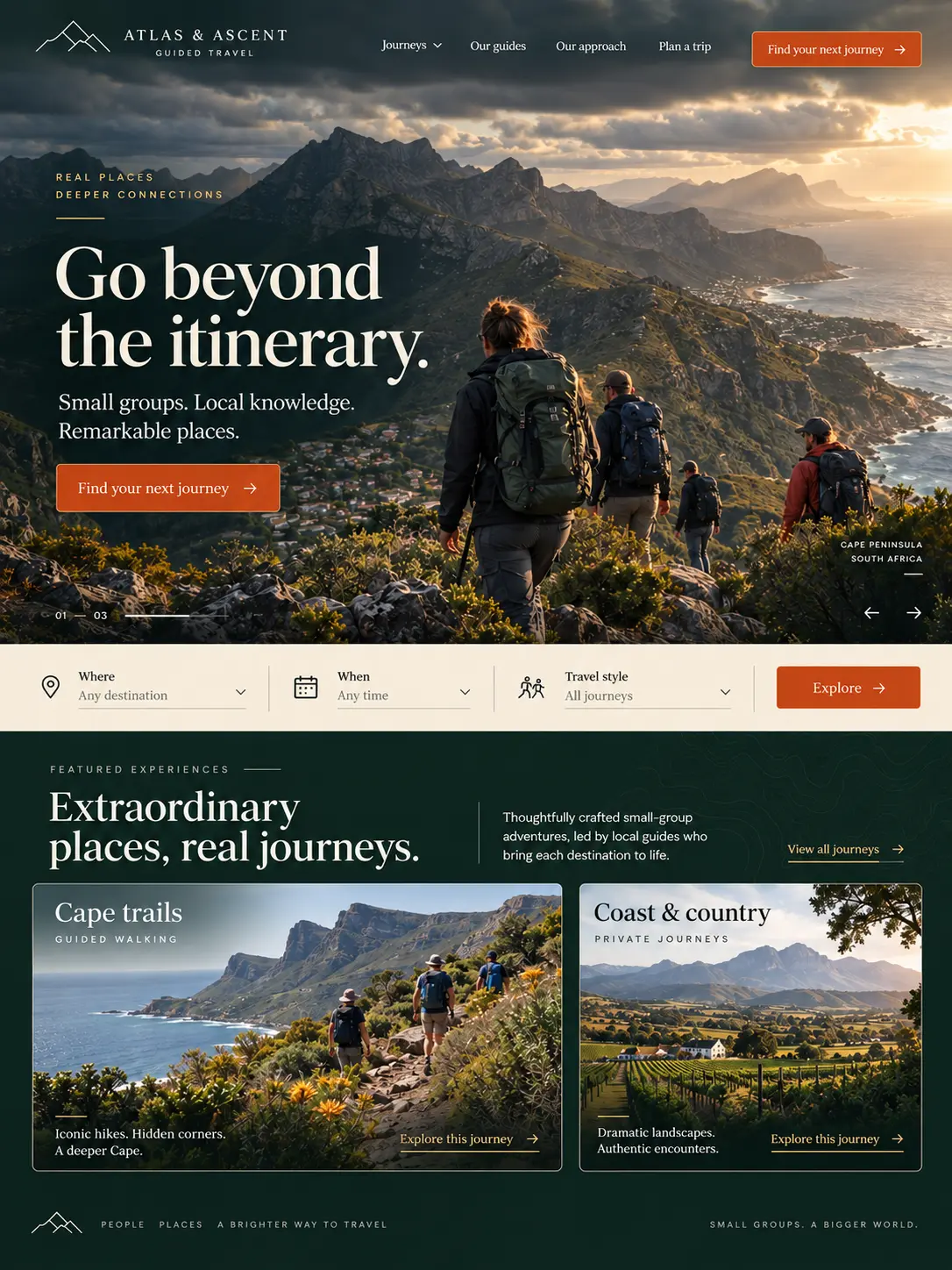 Atlas and Ascent guided travel website concept with Cape mountain hiking imagery, journey search and featured experiences.