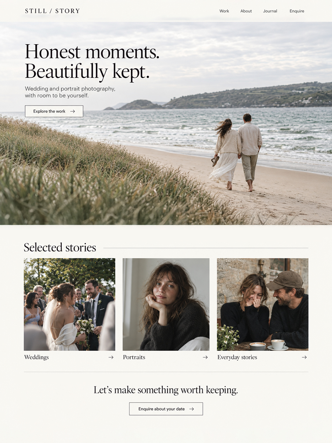 Still Story photography website concept with a beach portrait, wedding and portrait galleries, and an enquiry call to action.