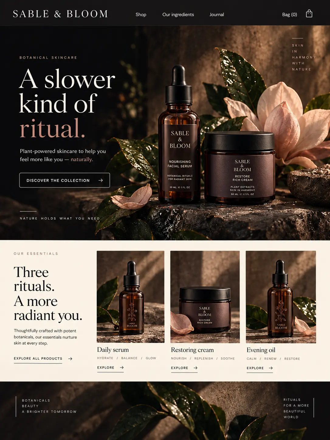Sable and Bloom botanical skincare website concept featuring facial serum, cream and evening oil products.