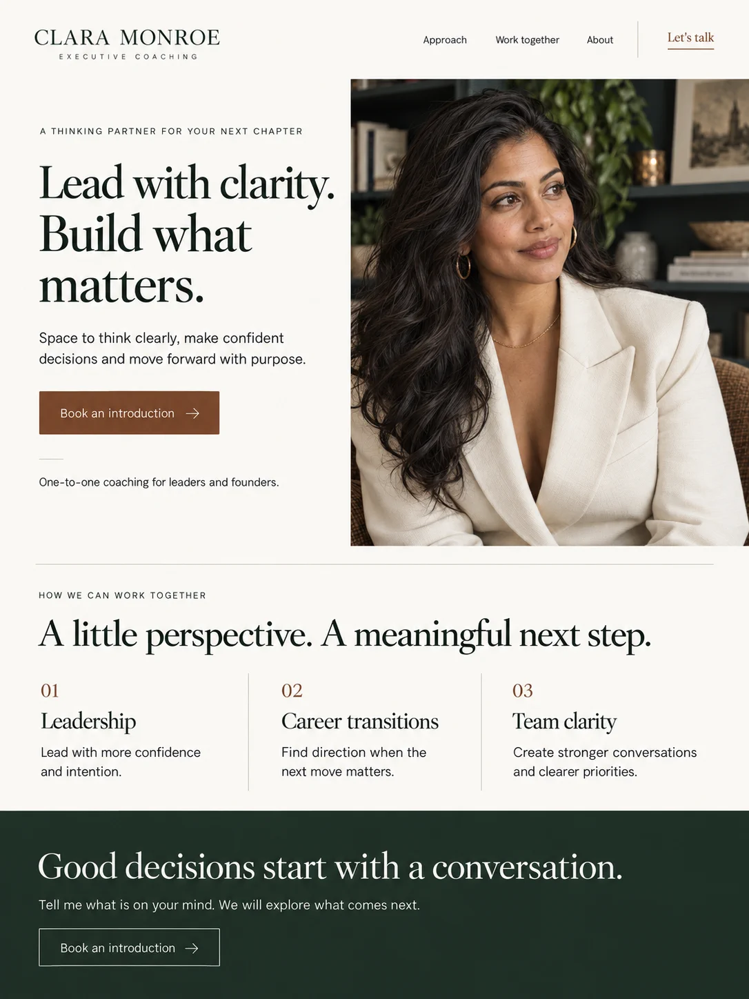 Clara Monroe coaching website concept with an ivory editorial layout, natural study portrait, three coaching services and a forest-green contact section.